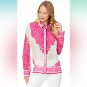 NWT Lilly Pulitzer Kiran Button Down LS Top Passion Fruit Pink M